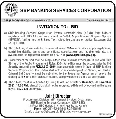 SBP Banking Services Corporation Karachi Tender Notice